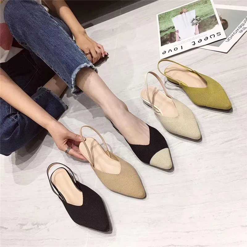 

2019 new temperament flying woven pointed low-heeled comfortable wild single shoes women