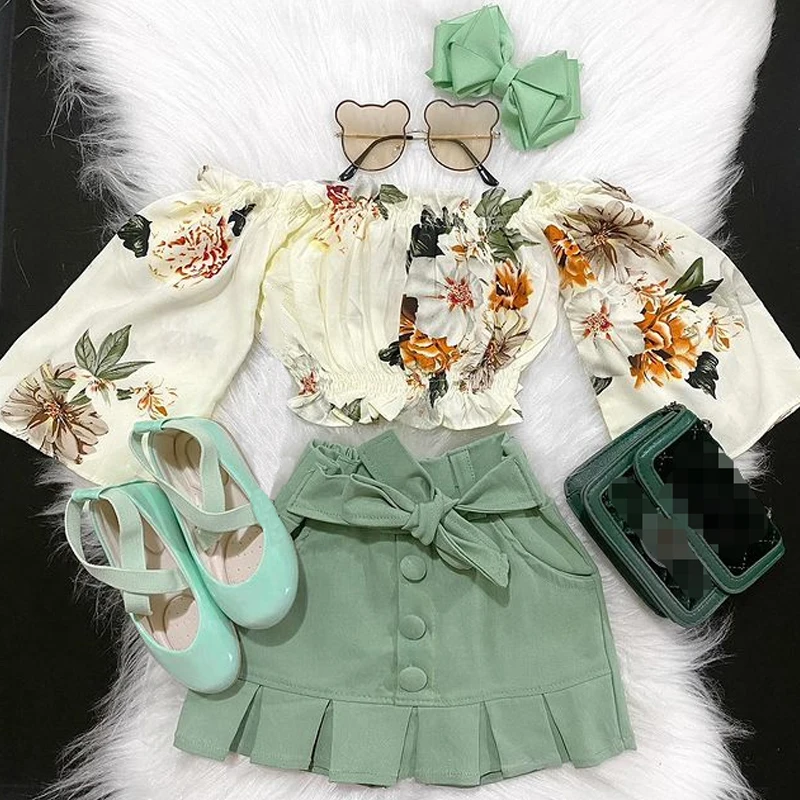 Kids Girls Clothing Sets 1-6Y Autumn Floral Off Shoulder Long Sleeve Tops Buttons Mini Skirts Casual Outfits