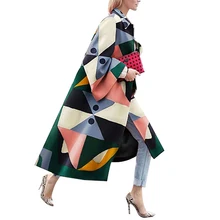 Женское шерстяное пальто с отложным воротником модное свободное Женское шерстяное длинное пальто с геометрическим принтом размера плюс S-2XL шерстяное пальто
