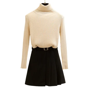 

Collaosed turtleneck autumn knitting irregular buttocks short skirt pleated skirts with belt top knitwear outfit clothing set