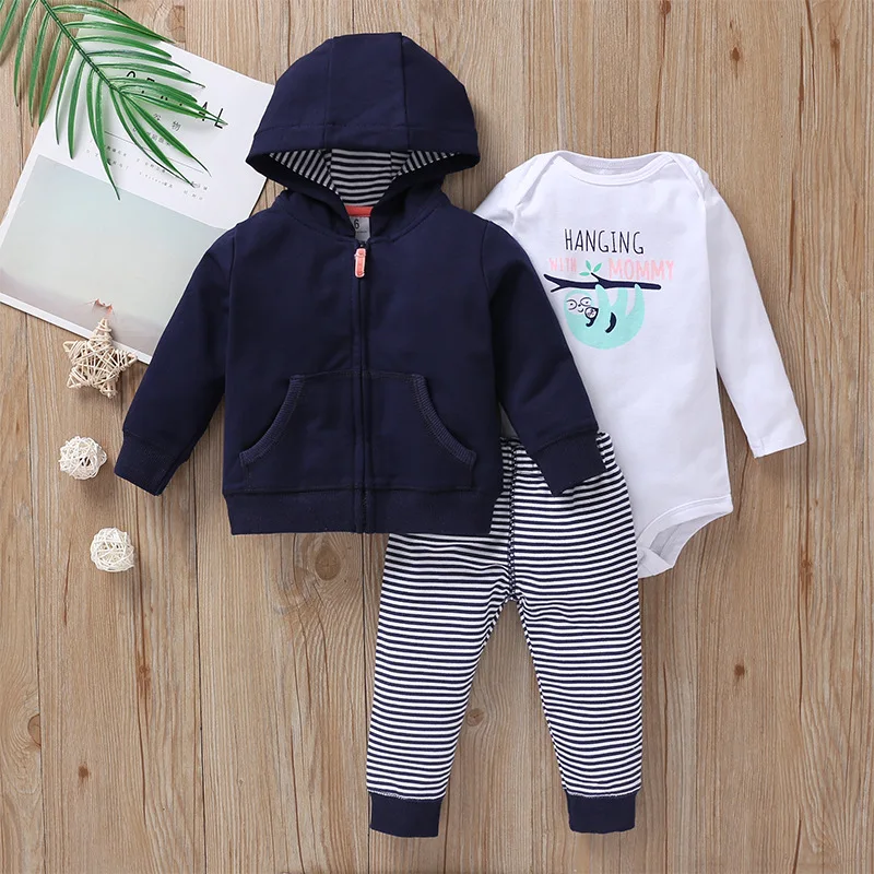 thumbnail image 1 of 3PCS Infant Baby Boy Girl Clothes Set 2020 Spring Fall Animals Floral Warm Hooded Coat+Romper+Pants Newborn Baby Clothing Outfit, 1 of 5