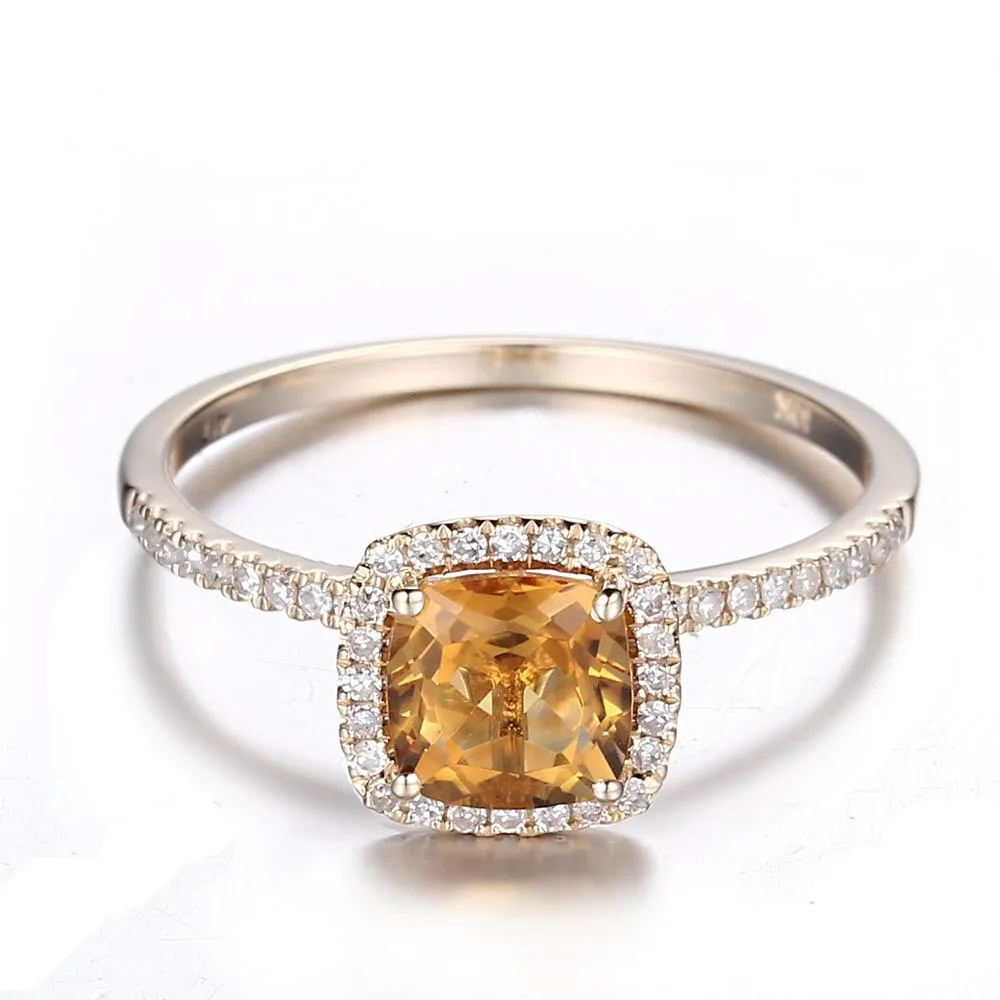 

HELON Diamonds Ring Solid 18k Yellow Gold AU750 Cushion 6mm Genuine Citrine Engagement Wedding Ring Women Gemstone Jewelry