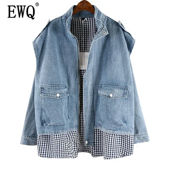 

[EWQ] 2020 Autumn Winter Stand Collar Long Sleeve Fake Two Piece Denim Patchwork Zipper Vintage Coat Women Jacket Femals AH407