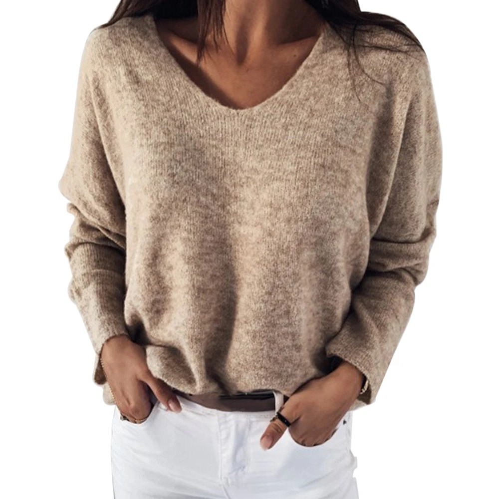 NIBESSER, сексуальный вязаный свитер с v-образным вырезом, женский осенний свитер с длинным рукавом, яркие базовые Топы, свободные женские свитера и пуловеры - Цвет: beige