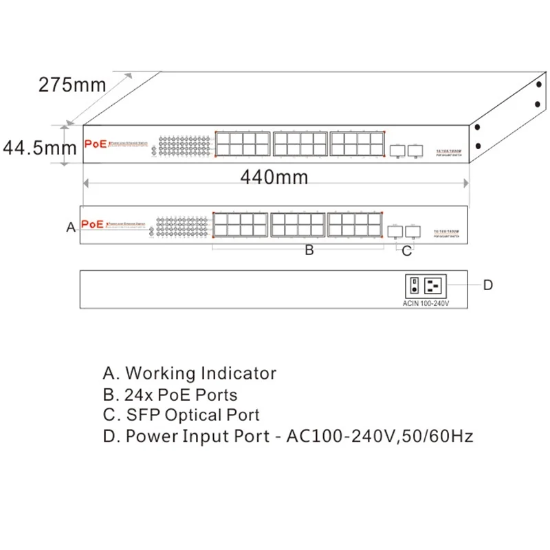 26-Порты и разъёмы Gigabit 10/100/1000 Мбит/с коммутатор питания через ethernet с 24 PoE Gigabit Порты и 2 гигабитное волокно Порты для камеры видеонаблюдения