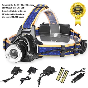 

PROBE SHINY LED Headlight Torch 6000Lm XM-L T6 Headlamp Head Light Lamp 18650 Charger 90 Degrees Adjustable US/EU Charger