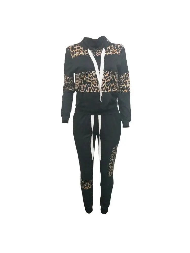 Женский спортивный костюм с леопардовым принтом и завязками, сексуальный повседневный комплект из двух предметов для бега+ толстовка, женский зимний костюм