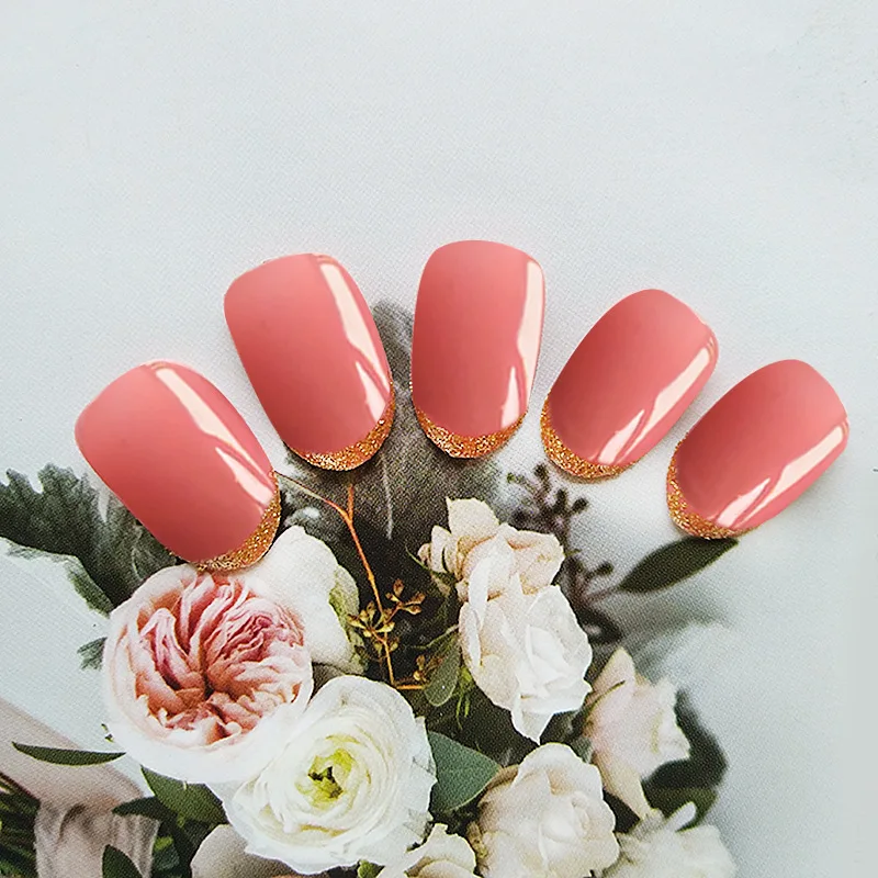 Nusx 24pcs False Nail Glitter Sequins Pink Waterproof Artificial Short Round Full Cover Artificial Fake Nails 2