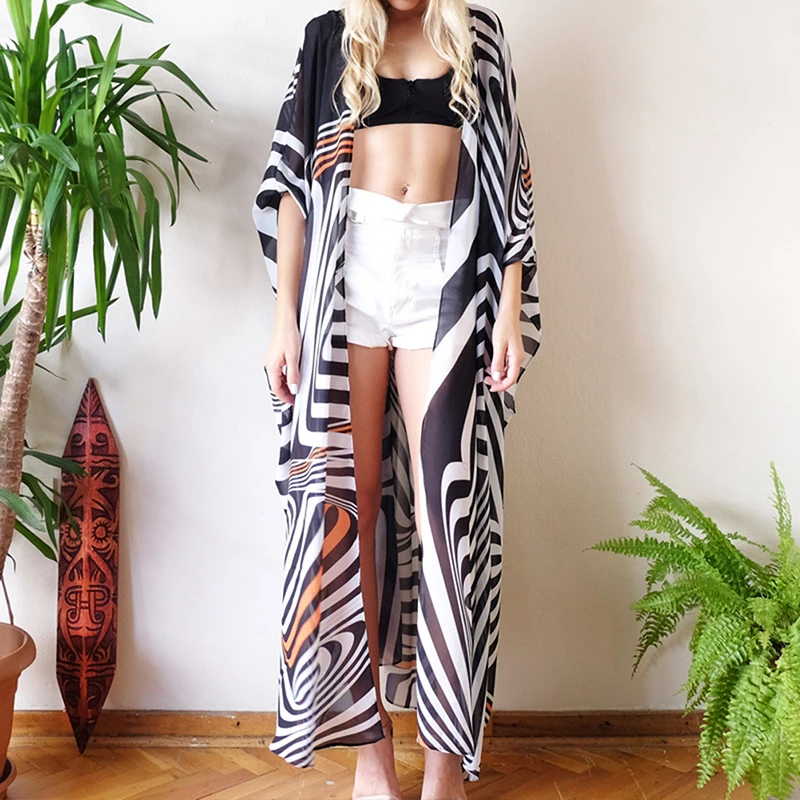 

Chiffon Black And White Stripes Beach Cover Up Bathing Suit For Women Beach Swim Cover Up Beach Dress