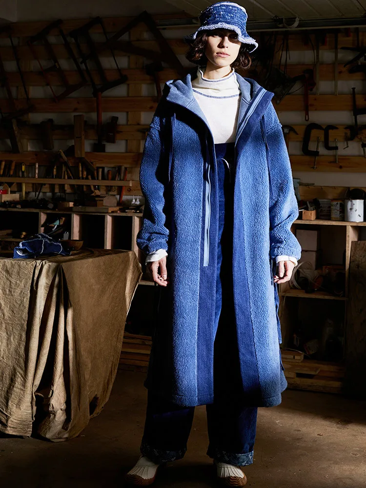 Дизайн, женская зимняя Толстая Теплая Повседневная Свободная Двусторонняя синяя длинная кашемировая куртка с капюшоном из овечьей шерсти, пальто, плюшевая куртка