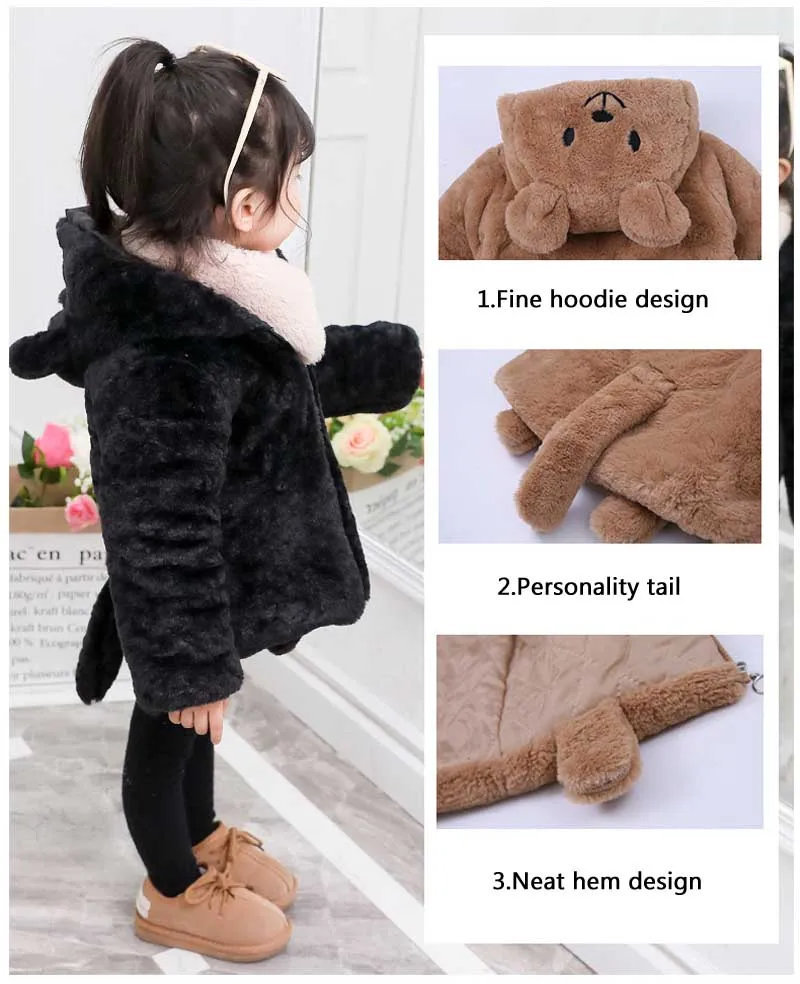 Fashion Children Cute Tail Sweater Coat Cotton Thicken for Winter Girls Faux Fur Natural Cozy Hooded Sweaters Coats 3- 8T