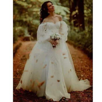 

Romantic Long Sleeve Mermaid Wedding Dresses Overskirt Lace Off The Shoulder Stain 2020 Plus Size Custom Made Bride Dress