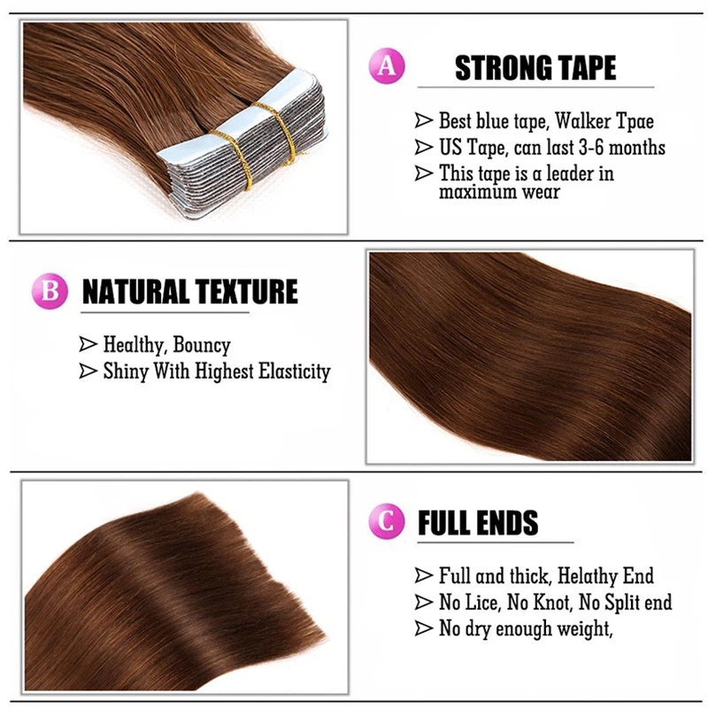JF Human Hair Tape In Extensions Peruvian Natural Seamless Skin Weft 12-26" Black Brown Blonde PU Straight 100% Virgin Remy Hair