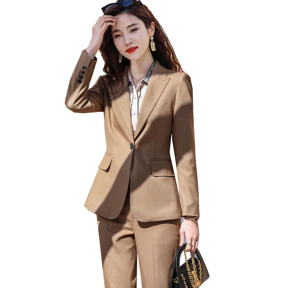 

High Quality Office Ladies Women Winter Formal Pant Suit For Work Female Khaki Blue Red Solid Two Piece Set Blazer and Trousers