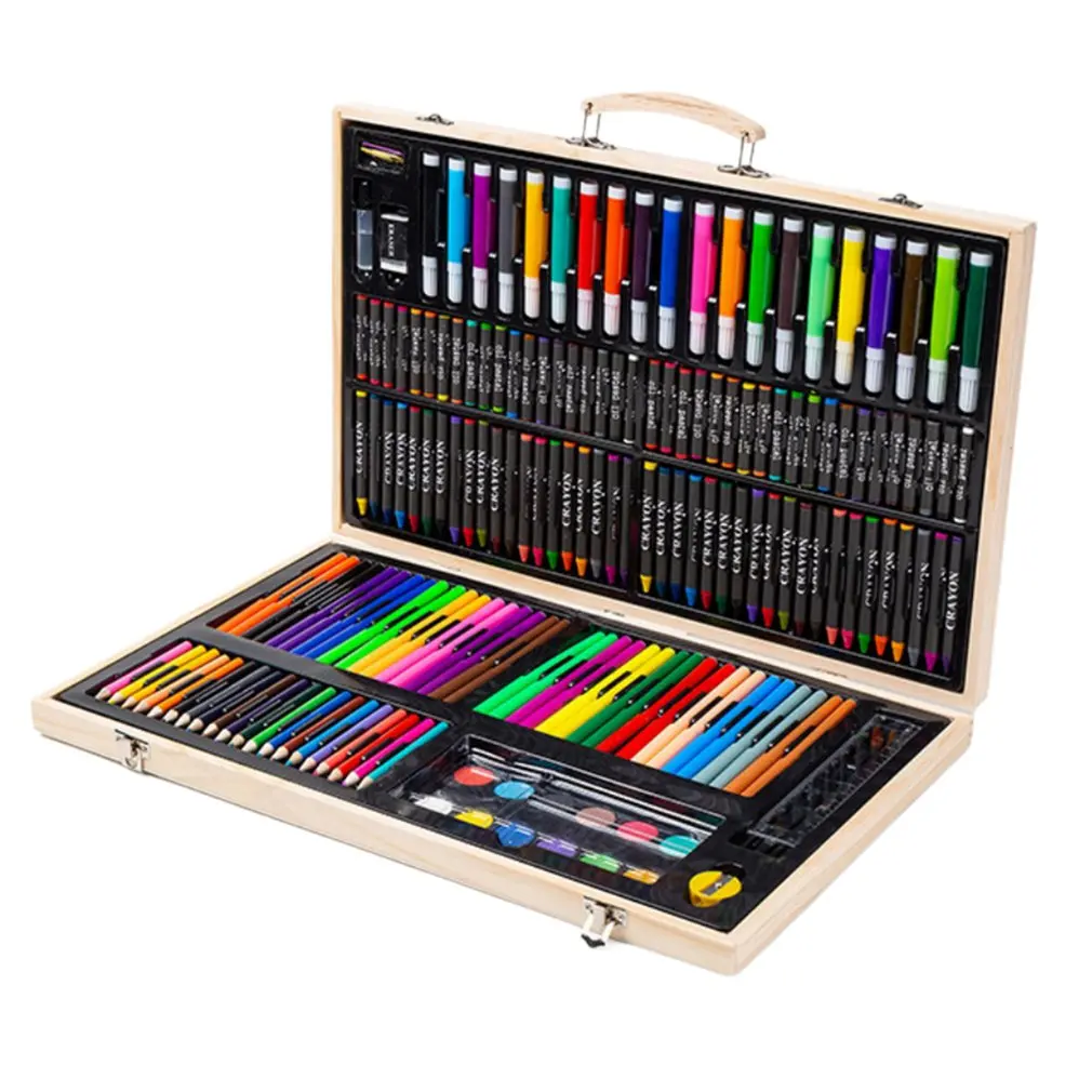 180pcs/set Wooden Box Brush Painting Children's Drawing Watercolor Colored Pencil Marker Crayon | Канцтовары для офиса и