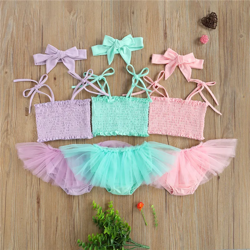 0-24M Toddler Infant Baby Girls Summer Cotton Clothes Solid Pleated Bandage Crop Tops+Tutu Shorts Skirts+Headband Casual Outfits | Детская