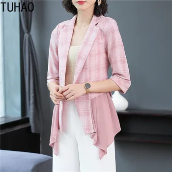 

TUHAO 2019 Pink Plaid Suit Coat Women's Spring and Autumn Elegant Runway Female Tailored Coat Suit Top Thin Jacket Clothing LZ76