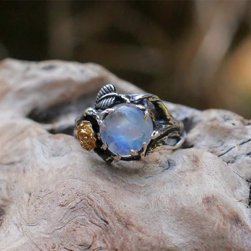 

8Seasons Vintage Gold Rose Leaf Tree Moonstone Rings For Women Engagement Ethnic Wedding Anniversary Ring Jewelry Size 6-10,1 PC
