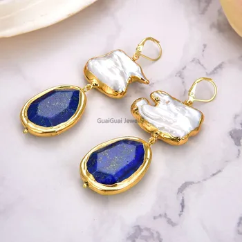 

GG Jewelry Cultured Gray Keshi Pearl Blue Lapis With Gold color Plated Lever Back dangle Earrings for women
