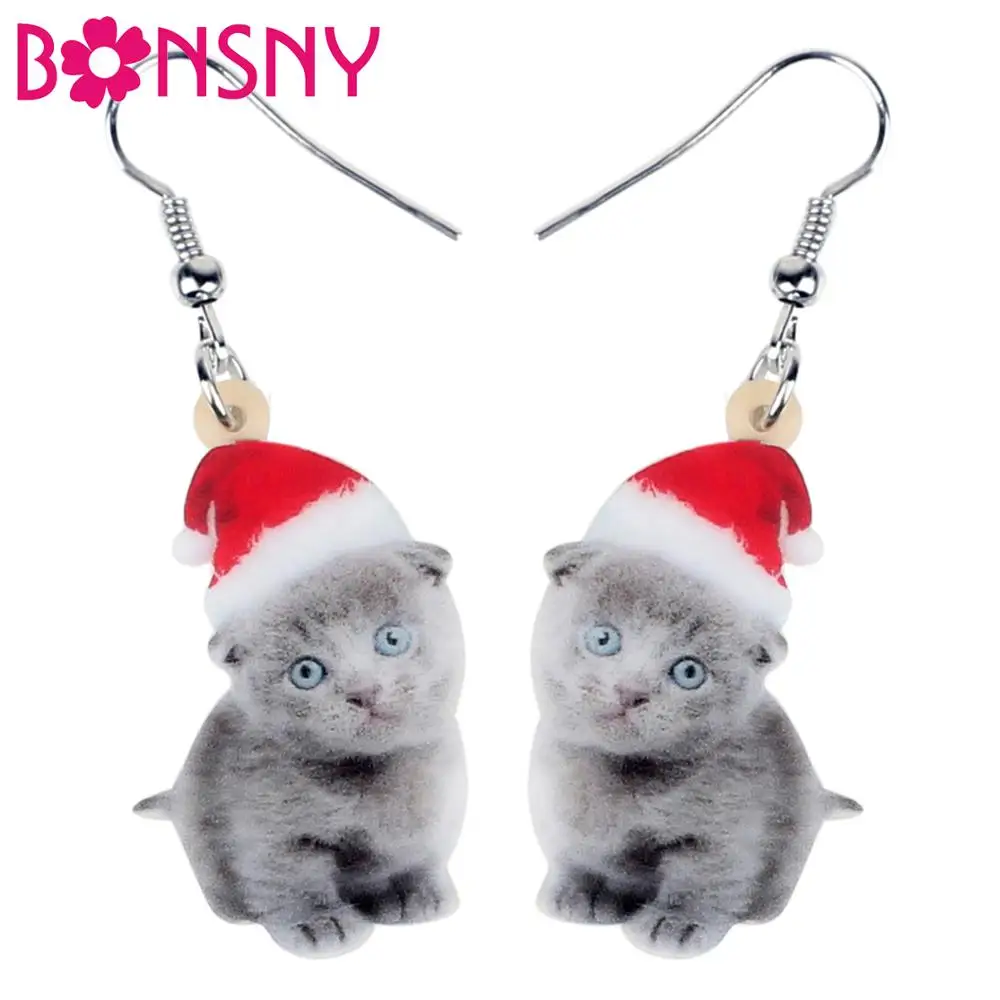 

Bonsny Acrylic Christmas Sweet Grey Cat Kitten Earrings Drop Dangle Anime Pets Women Girl Teen Kid Festival Birthday Charms Gift