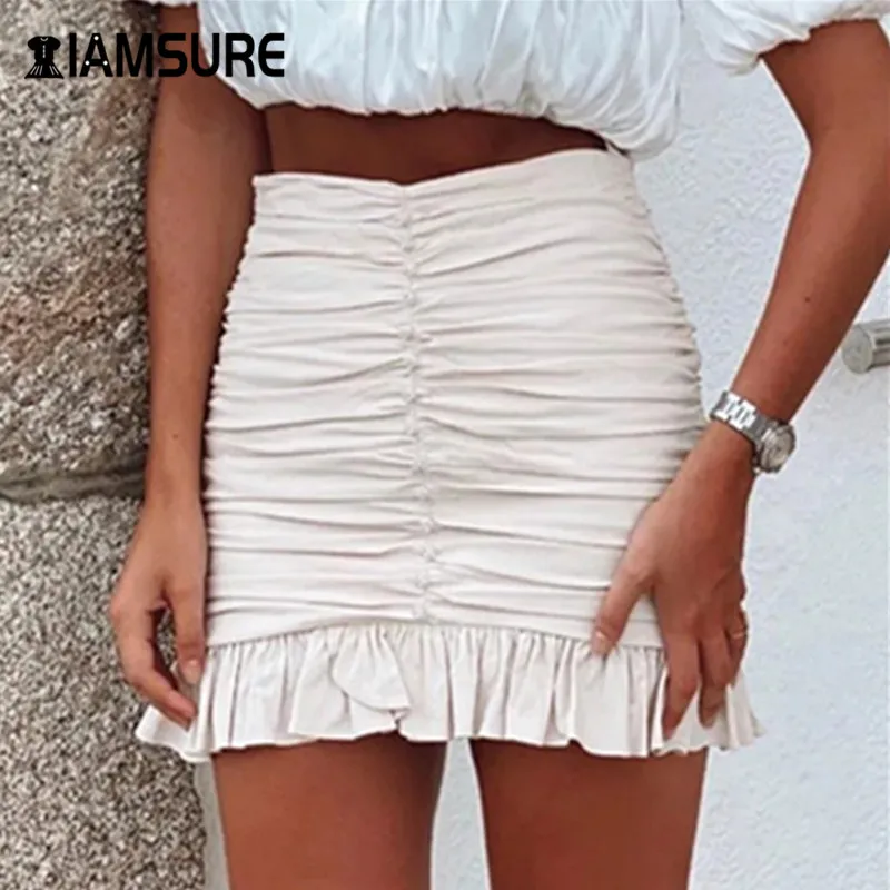 

IAMSURE 2020 Korean Streetwear Fashion Style 90s Diamond Ruched Female Mini Skirt Aesthetic High Waist Ruffles Skirt For Women