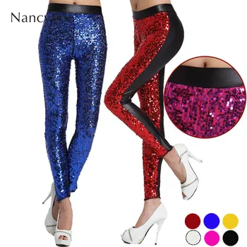 

Women's New Spring Autumn High Waist Imitation Leather Leggings Fashion High Elastic Sequin Leggins Legging Leginsy Women