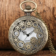 Retro Antique Copper Steampunk Hollow Bronze Gear Hollow Quartz Pocket Watch Pendant Clock Chain Men's Women's Necklace Watches