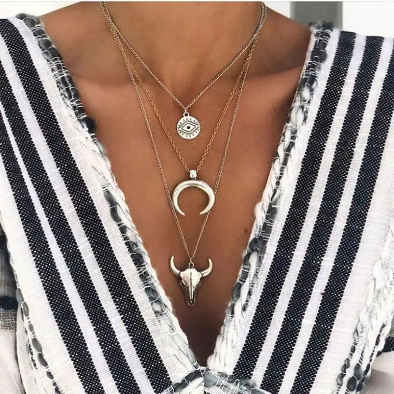 

Boho Necklace Retro Multi Layer Moon Cow Head Pendant Chain Choker Jewelry