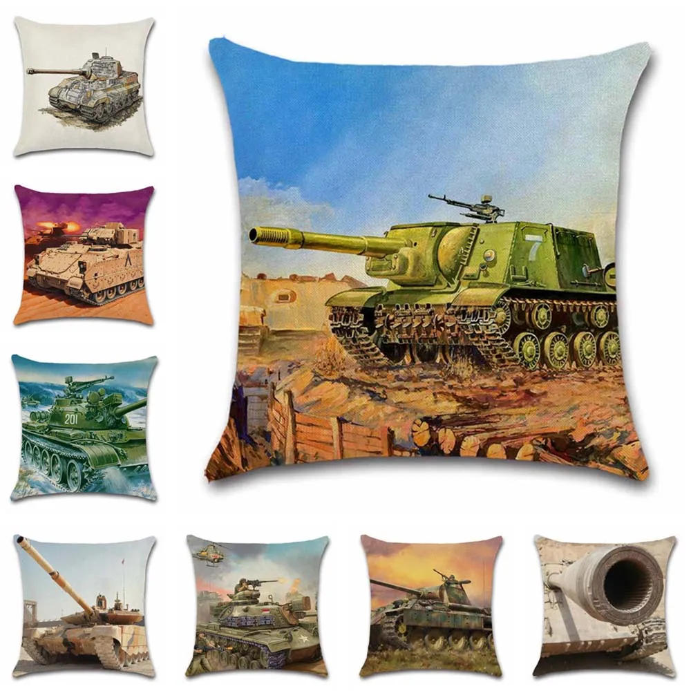 

War machine Tank pattern linen beige Cushion Cover decorative Home sofa chair car seat friend bedroom kids boy gift pillowcase