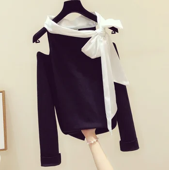 

Off-Shoulder T-shirt Women's Long Sleeve T Shirt New Black White Stitching Tee Tops Fashion Tshirt T-shirts Female Ladies Tees