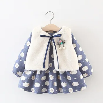 

Baby Girl Dress 2020 Winter Warm Fashion Long-Sleeved Floarl Printed Plus Velvet Dress+Fur Vest 2PS Toddler Outfits