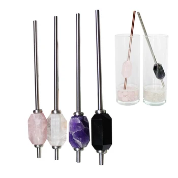 

2019 Natural Quartz Stone Straw Reusable Stainless Steel Drink Straw Mixer Water Purification with Brush Tableware Free Dropship