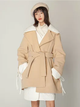 

2019 winter jacket women large lapel two piece set solid color women cotton coat single breasted waist strap slim woman jacket