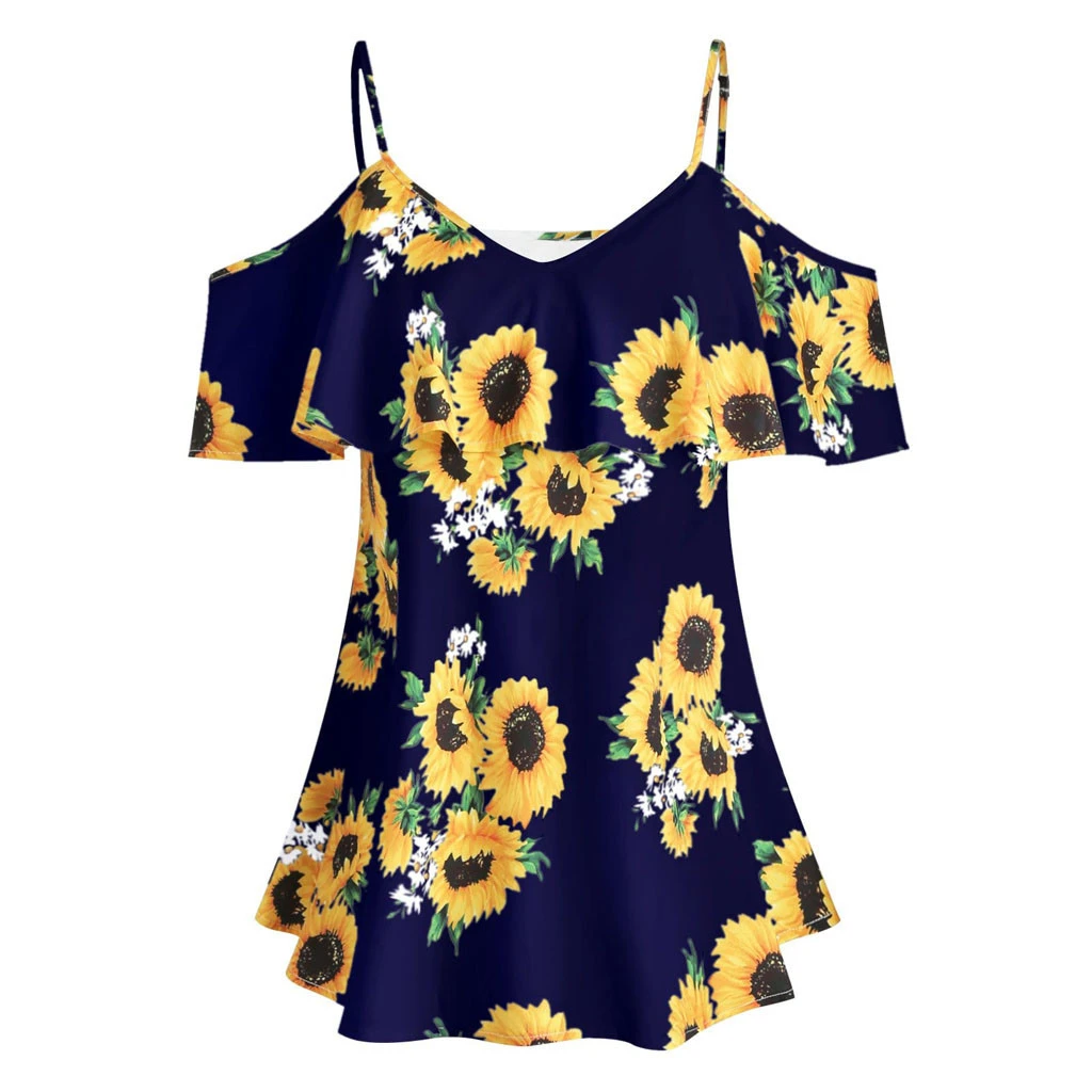 Blusa con hombros para Mujer, blusa holgada de manga con estampado de girasol, hombros descubiertos y volantes| | - AliExpress