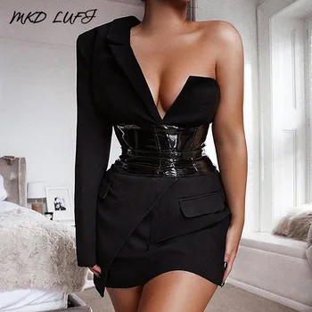 

Sexy Women Deep V-neck One Shoulder Mini Blazer Dress Ladies Slim Fit Irregular Long Sleeve Short Dresses Workwear (NO Belt)