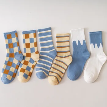 

2020 New Products Blue Plaid Socks Female Long Socks in Her INS Fashion Japanese-style Cute Versatile Milk Pattern Tube Socks