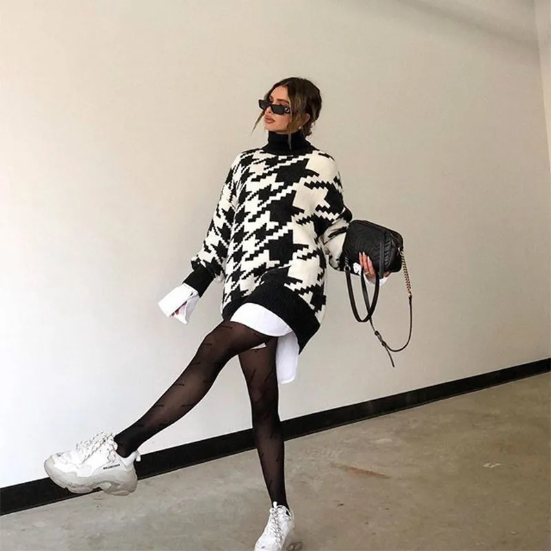 Long Sleeve Sweater Women Turtleneck Black Casual Knit Mini Houndstooth Vintage Loose Casual Sweater Female Pullover Knit Top