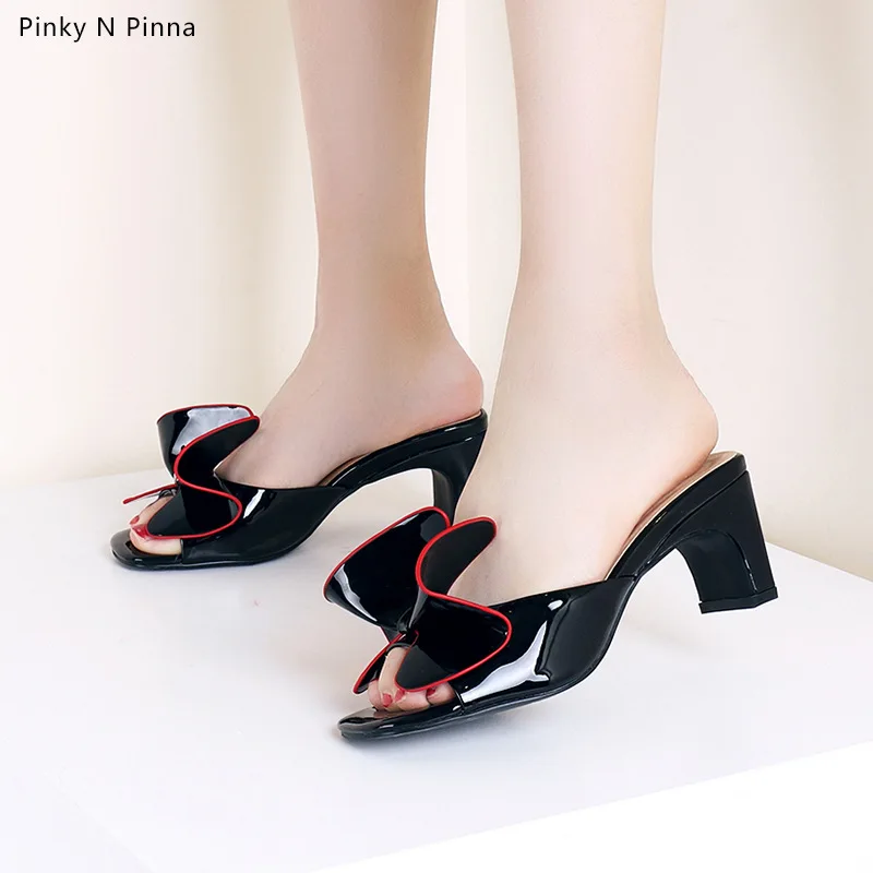 

2019 Summer New Style Women's Bow Peep-Toe Heel Slipper Fashion Outer Wear Sandals Single WOMEN'S Shoes Large Size