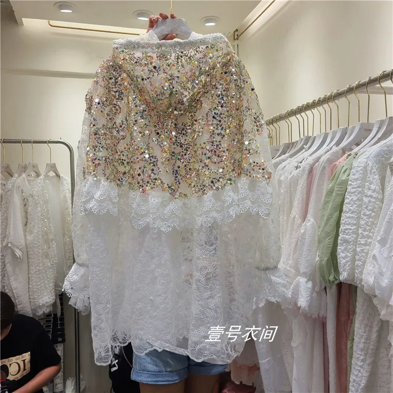 Cakucool new sequin lace jacket embroidery long sleeve hoodie loose jacket chic thin sun-proof coat open stitch women 2020 new