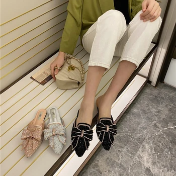 

2020 Spring Women New Slippers Flats Shoes Bow Design Fashion Slip On Mules Shoes Outdoor Casual Elegant Flats Lazy Ladies Slide