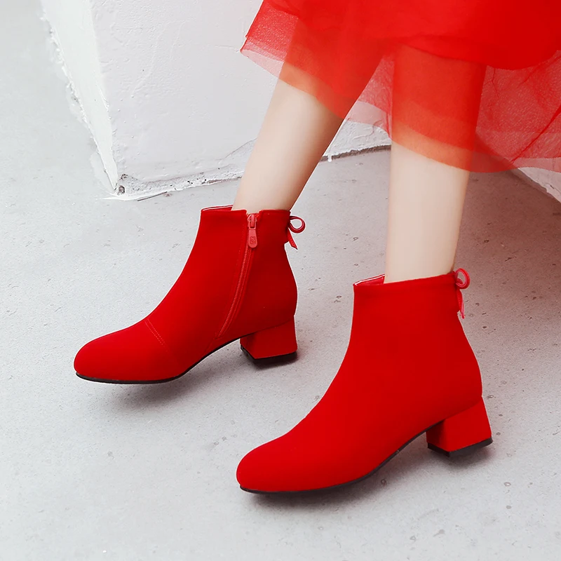 

Casual style comfortable flock autumn ankle boots fashion zipper bow red black medium with thick motorcycle boots women's shoes