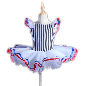 

The New Vertical Stripes Children Ballet Skirt Sleeve Fly Navy Slim Dancing Stage