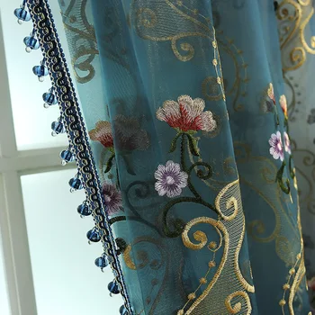 

European and American Vintage Embroidered Tulle Curtains Living Room Blue Luxury Tulle for Villa Hotel High-grade Voile WP047#40