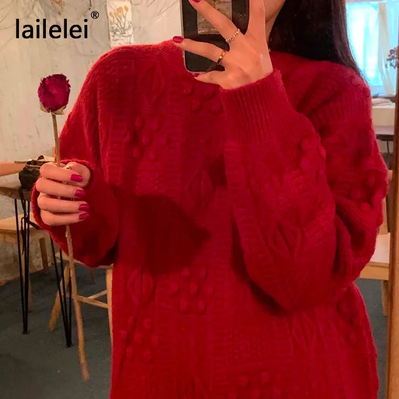 

Red Pullover Knitted Sweater Women Christmas Long Sleeve Pull Soft Ladies Oversized Chic Korean Harajuku Winter 2020 Autumn Za
