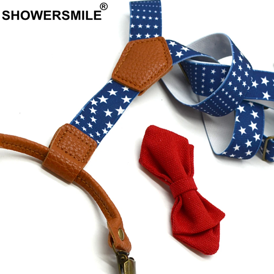 SHOWERSMILE/галстук-бабочка, подтяжки для мальчиков, эластичное дизайнерское подтяжки, 4 зажима, детские синие вечерние штаны на подтяжках со звездами