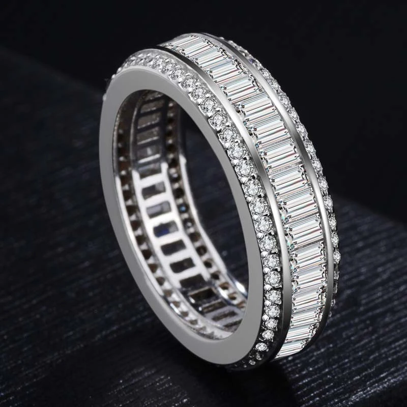

925 Silver Color Full Circle Three Rows of Set Diamond Ring Real Bizuteria Gemstone Anillos Whtie Topaz Diamond Jewelry Ring Box