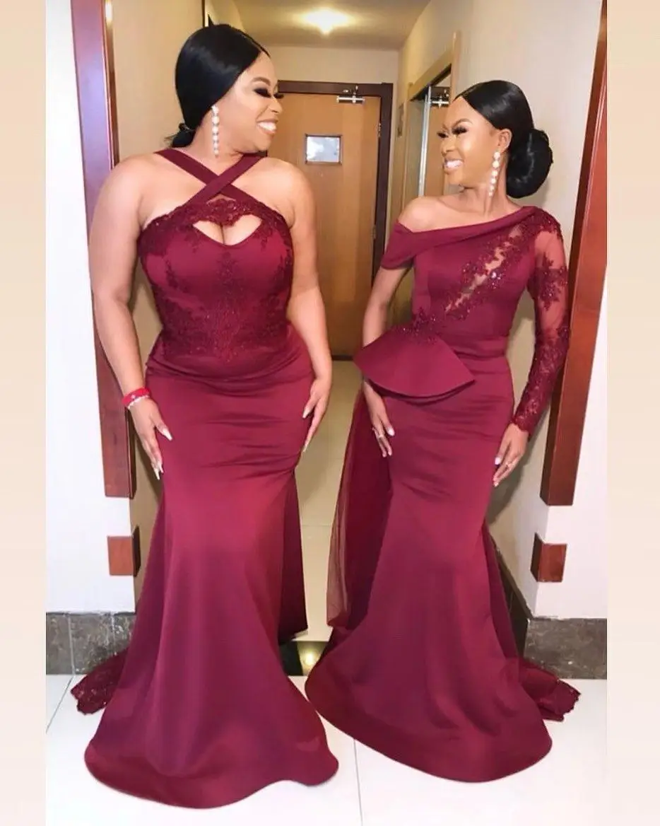 Burgundy Lace Beaded Bridesmaid Dresses Mermaid Cheap Guests Dresses Sexy Formal Maid Of Honor Gowns Aso Ebi