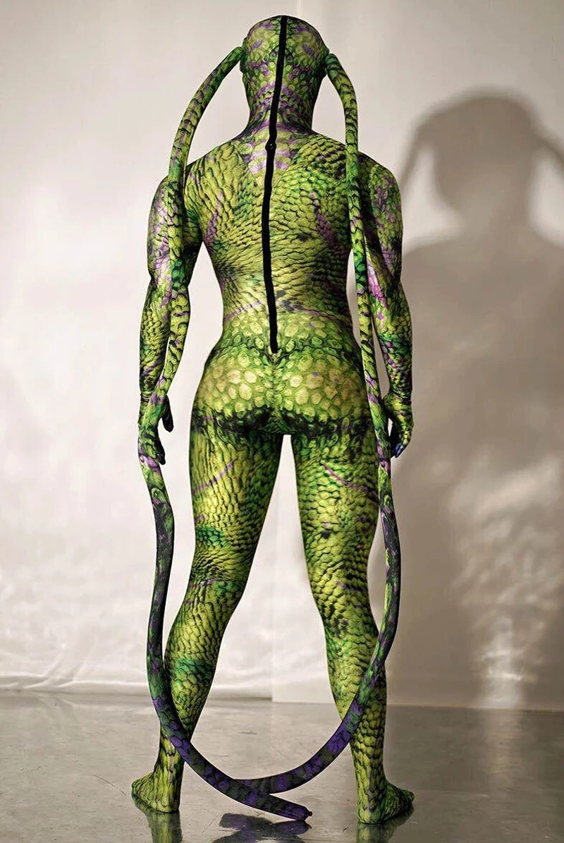 Halloween Rave Party Role-playing Stage Clothes Green bodysuit snake Spandex Stretch Skinny Jumpsuit Men Women Cosplay Costume
