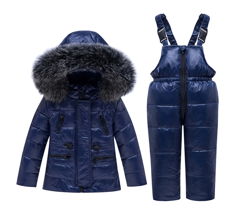 Детский пуховик, костюм для мальчиков и девочек, зимнее пальто и комбинезоны меховой воротник, комплект одежды из двух предметов, детская зимняя ветрозащитная одежда