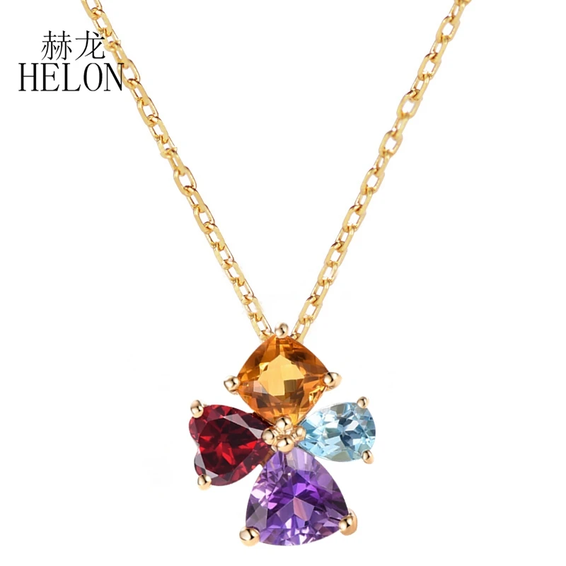 HELON Solid 18K желтое золото натуральный цитриновый гранатовый Небесно-Голубой топаз аметистовая Подвеска для колье для женщин хорошее ювелирное изделие